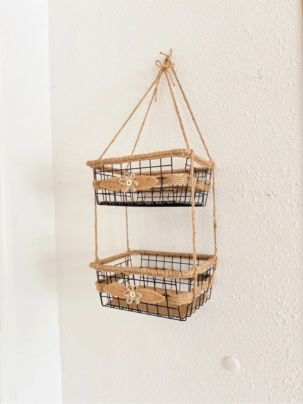 Woven Hanging Two-Tier Bathroom Organizer 11” W Basket - Natural Cream